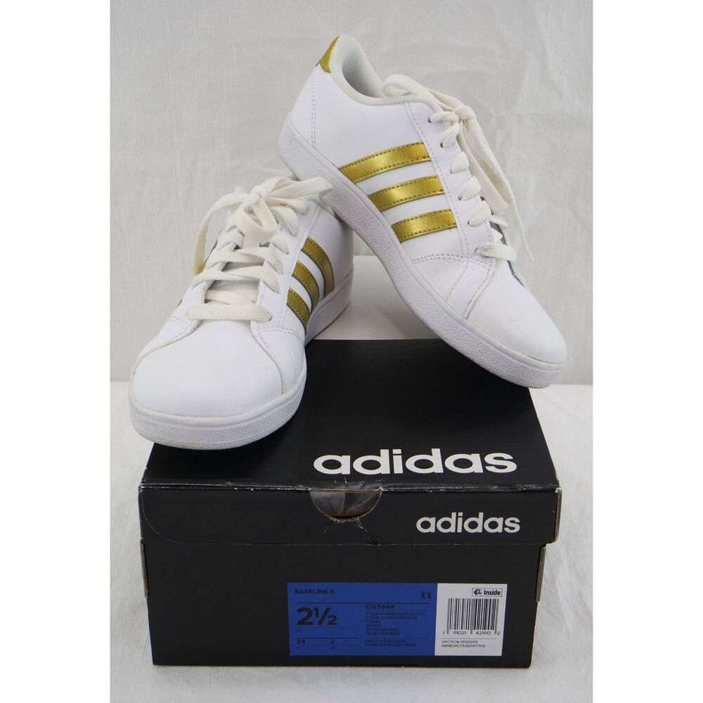 Adidas Baseline K Sneakers | Kids Sz 2.5, White & Gold